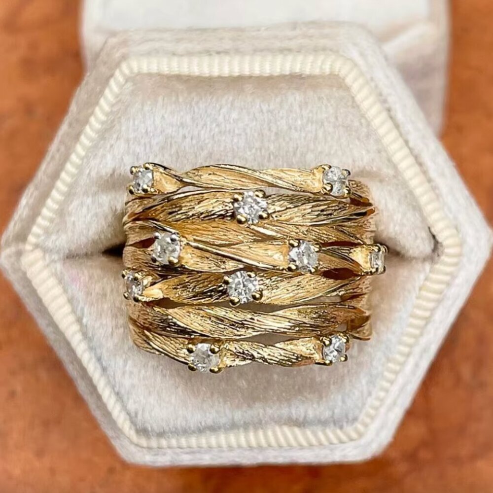 NEW 18k Yellow Gold Diamond Ring Twist Multi Layer Thick Wide Diamond Ring Band